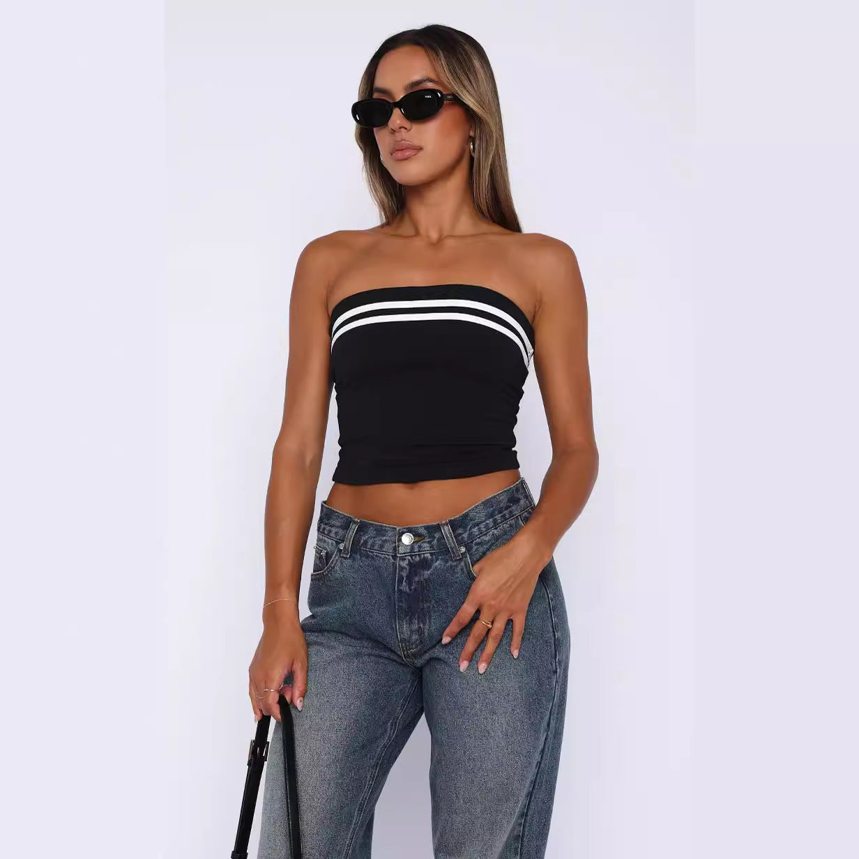 Contrast Color Striped Tube Top Hot Girl Tight-fitting Outerwear