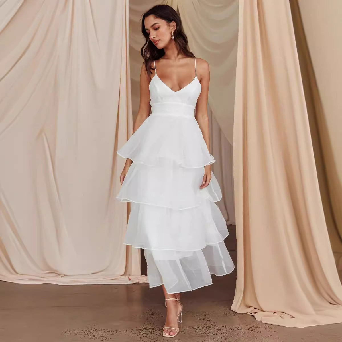 European And American Organza INS Deep V-neck Backless Sling Dress Leisure Vacation