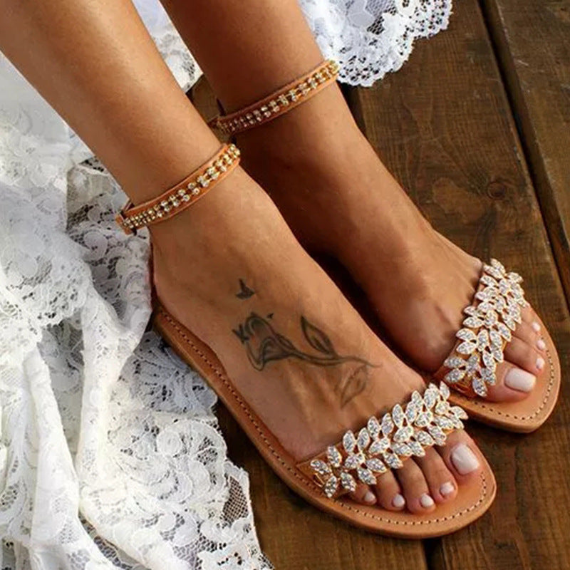New Women's Word Buckle Strap Fashion Rhinestone Flat Large Size Sandals