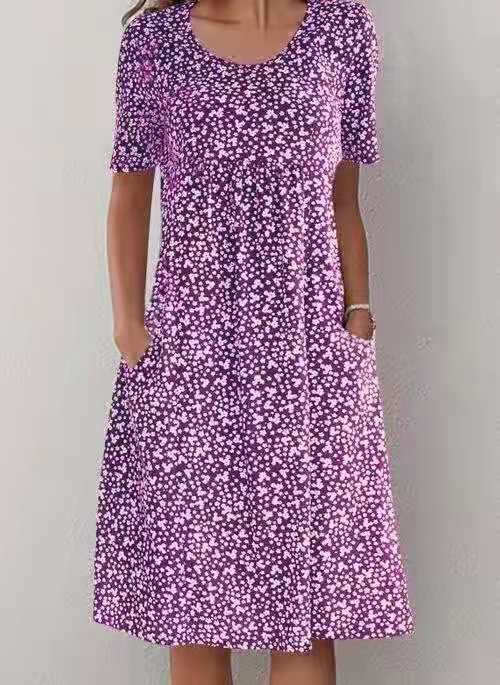 Round Neck Short Sleeve Floral Midi Dress