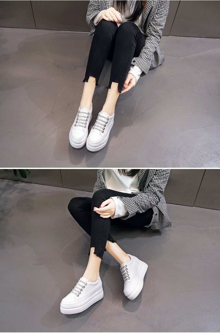 Genuine Leather Platform Versatile Casual Breathable White Muffin Height Increasing Insole Women's Board Shoes - Chic Angle