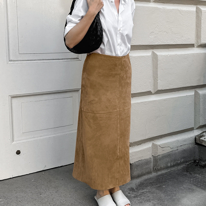 Suede Skirt Women's Elegant Khaki French High Waist Slimming And Straight Long Skirt