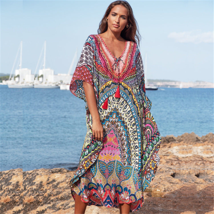 European And American New Satin Loose Fit Dress Vacation Casual Overlay Cover Up