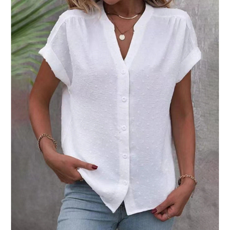 Solid Color Jacquard V-neck Buttons Women's Shirt
