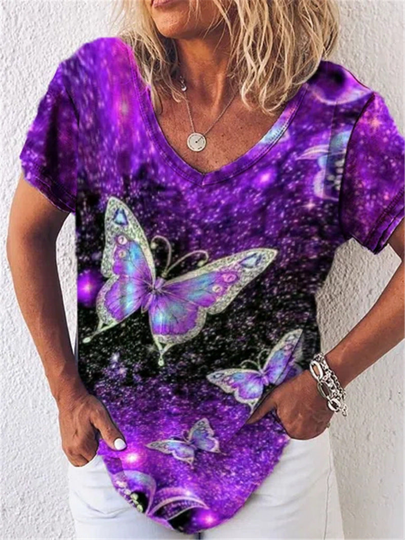 Summer Popular Floral Print Short-sleeved V-neck T-shirt For Women
