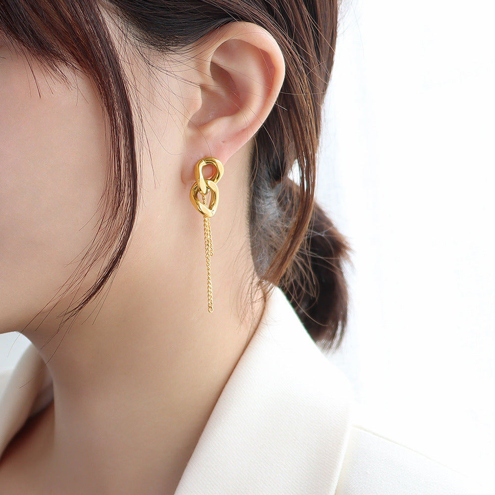 Ins Style Thick Chain Tassel Titanium Steel 18K Gold Earrings