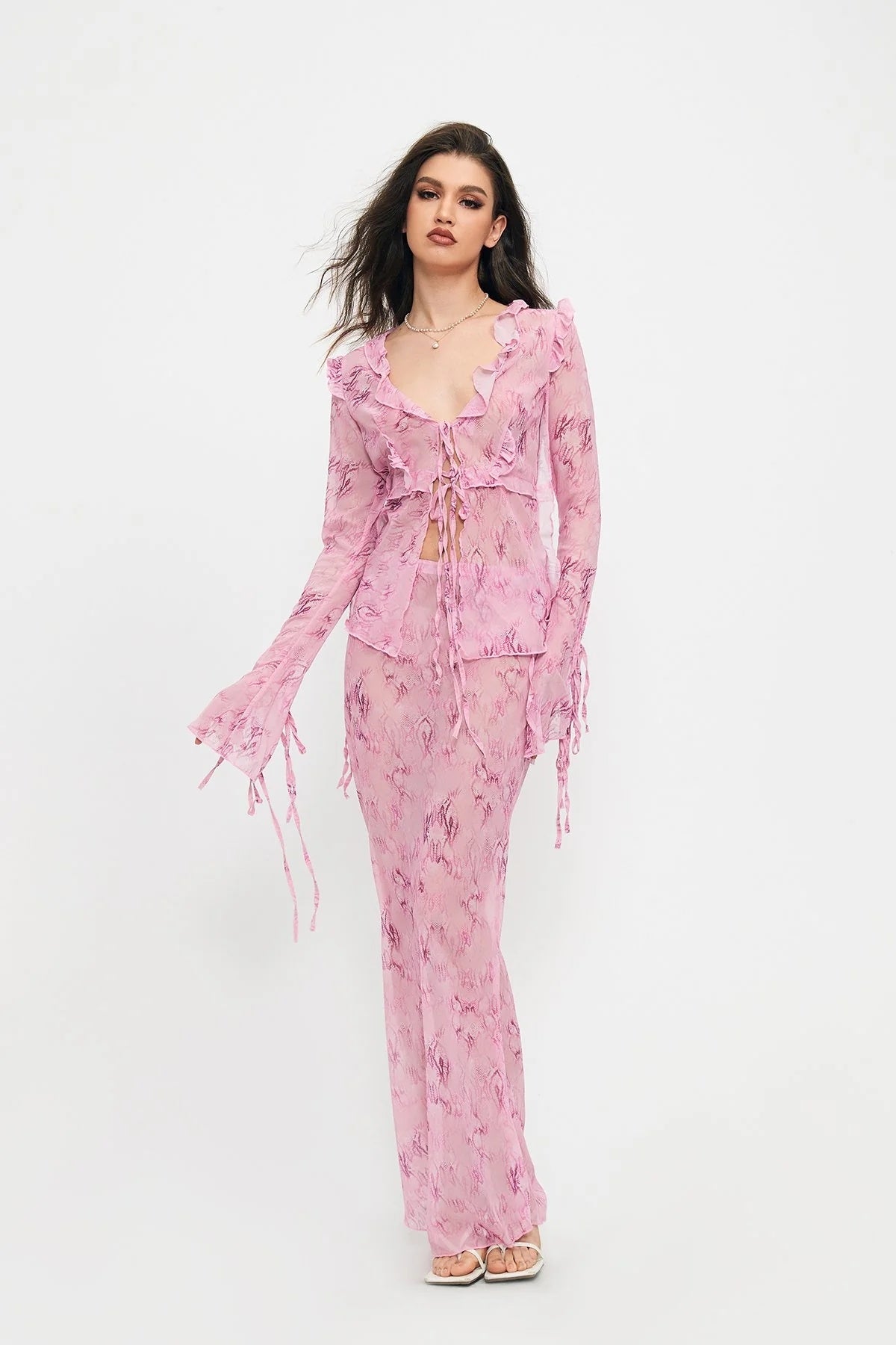 Strappy Lace V-neck Top Chiffon Printed Dress Suit