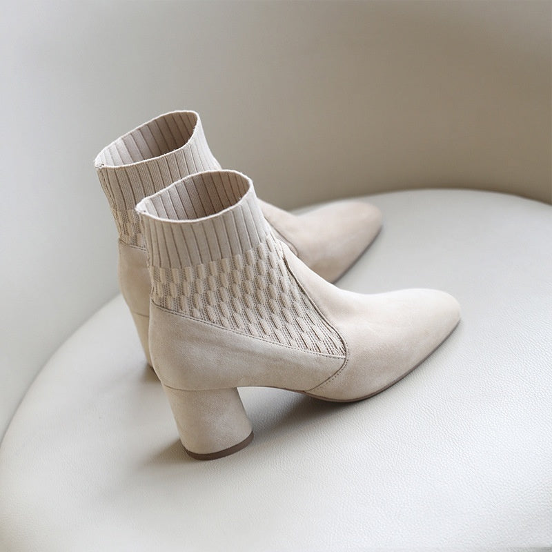 Apricot Stitching Knitted Sock Chunky Heel Ankle Boots