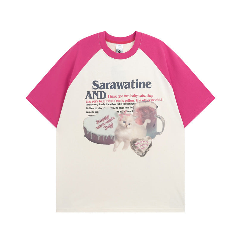 National Fashion Fun And Cute Sweet Cat Printing Raglan Short Sleeve