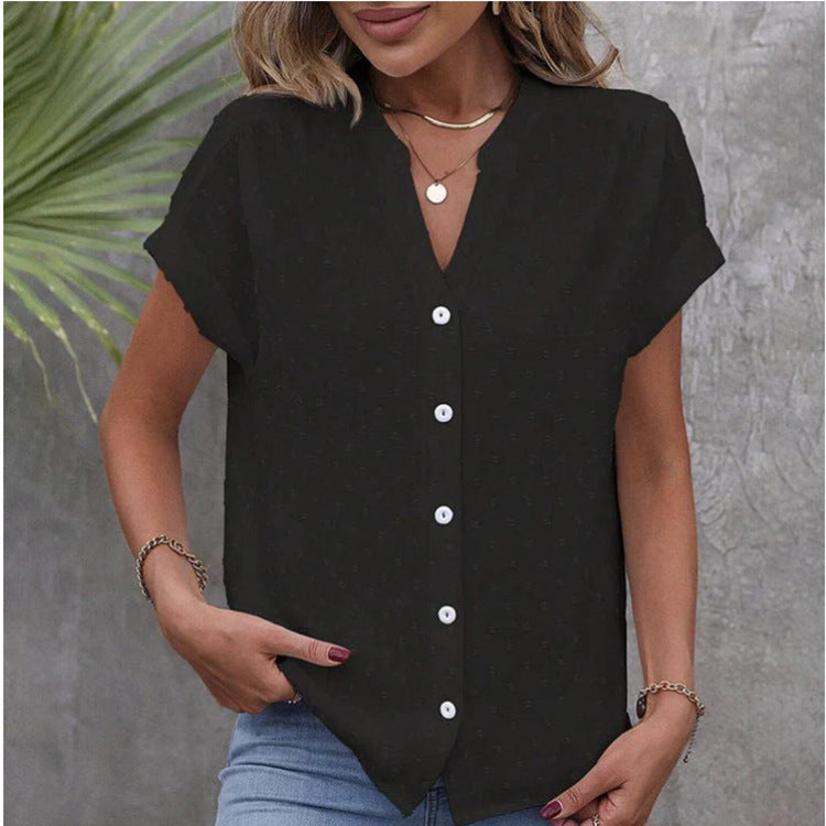 Solid Color Jacquard V-neck Buttons Women's Shirt