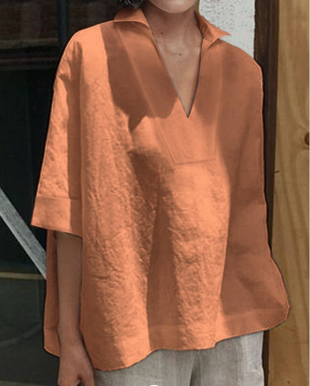 V-neck cotton and linen short-sleeved blouse
