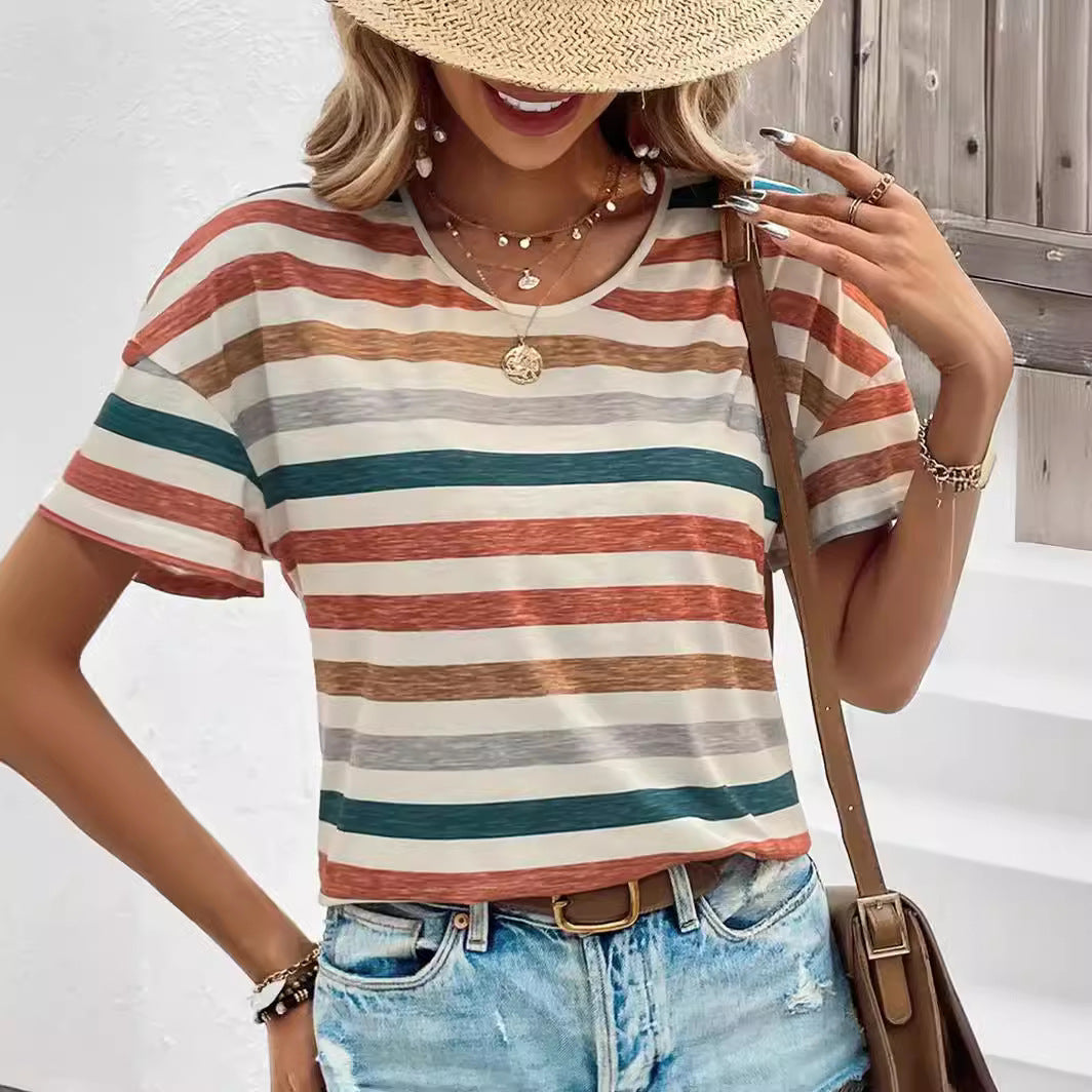 Women's Striped Fashionable Round Neck Short Sleeved T-shirt - Chic Angle