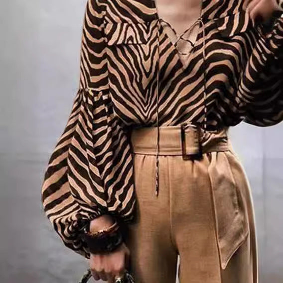 Women's Clothing Spring And Summer Zebra Prints V-neck Lace-up Long Sleeve Shirt
