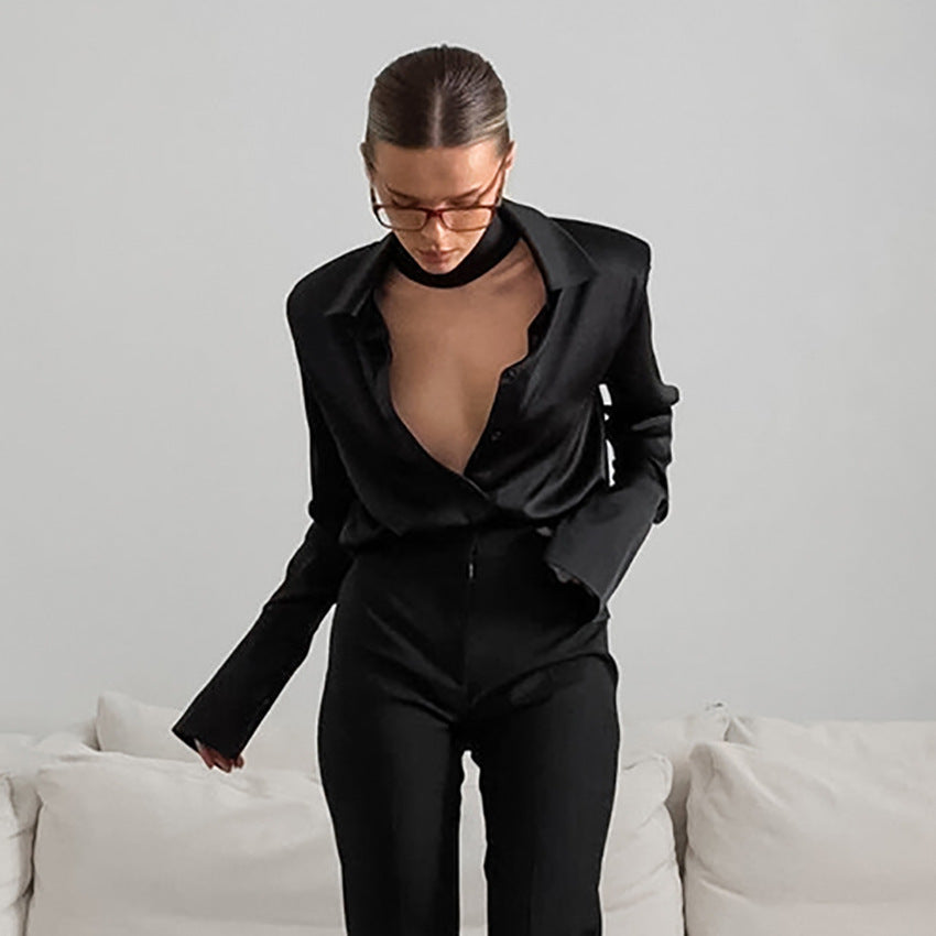Champagne French Satin Shirt Autumn And Winter Temperament Professional Inner Wear