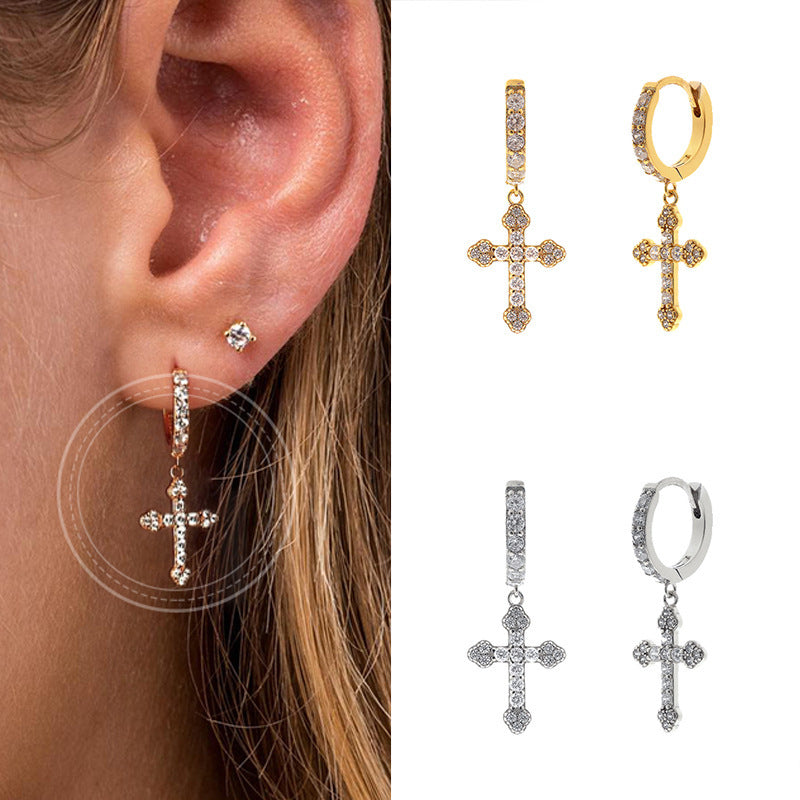 Silver Needle Geometric Cross Ear Clip Diamond-embedded Hipster