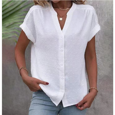 Solid Color Jacquard V-neck Buttons Women's Shirt