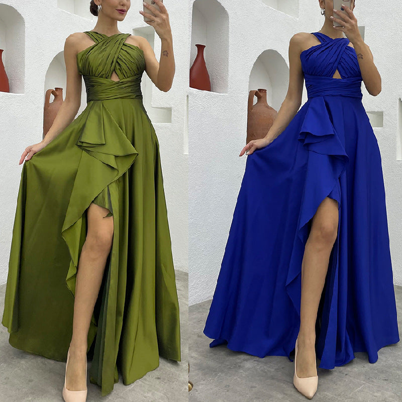 Sleeveless Solid Color Irregular Long Dress Formal