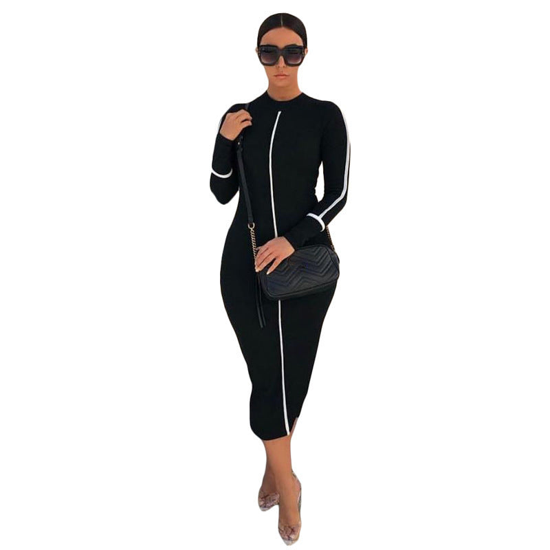 Summer new hit color long-sleeved midi dress