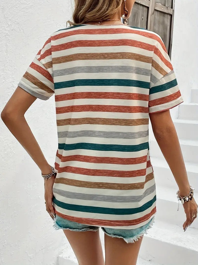 Women's Striped Fashionable Round Neck Short Sleeved T-shirt - Chic Angle