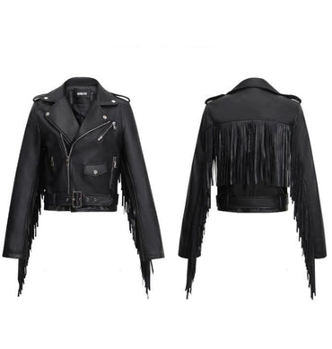 New Women's Tassel Short Slim Leather Jacket Motorcycle