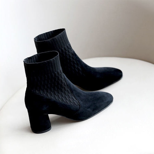 Apricot Stitching Knitted Sock Chunky Heel Ankle Boots