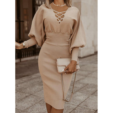 Pure Color High Waist Long Sleeve Knitted Dress