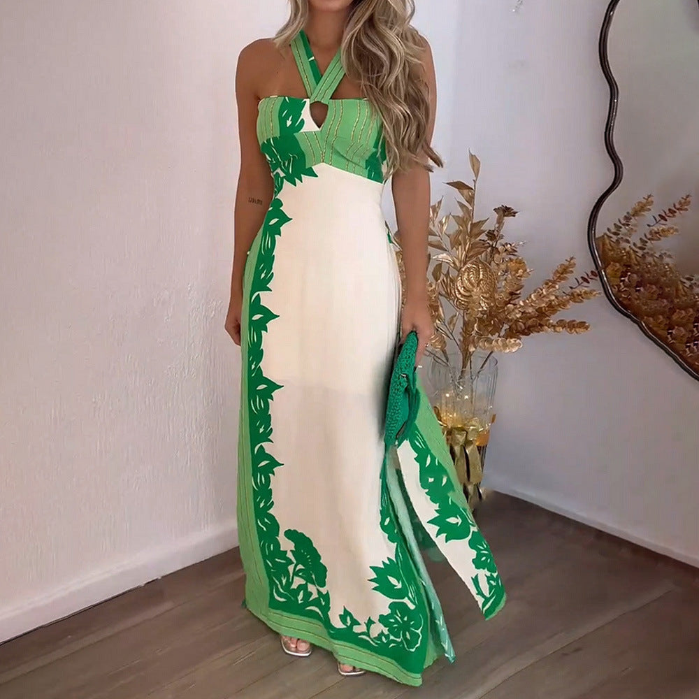 European And American Halter Dew Color Matching Fashion Vacation Beach Length Dress