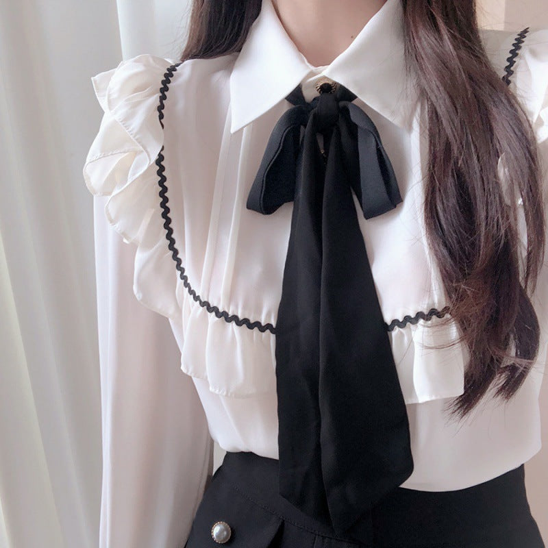 Color-blocking Bow Ruffled Tied Flared Sleeves Long Sleeves Shirt For Women