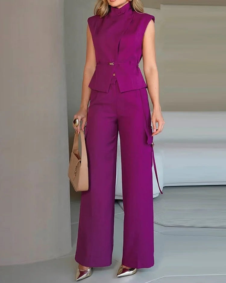 Rest Sleeveless Polo Collar Solid Color Casual Two-piece Suit - Chic Angle
