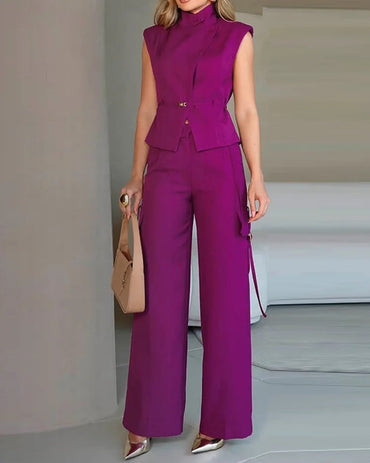 Rest Sleeveless Polo Collar Solid Color Casual Two-piece Suit - Chic Angle
