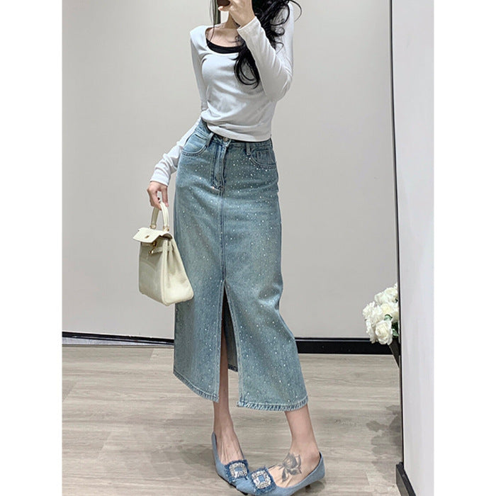 Women's Minimalist Hot Stamping Elastic Denim Skirt