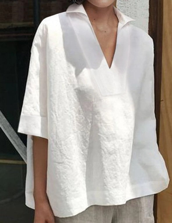 V-neck cotton and linen short-sleeved blouse