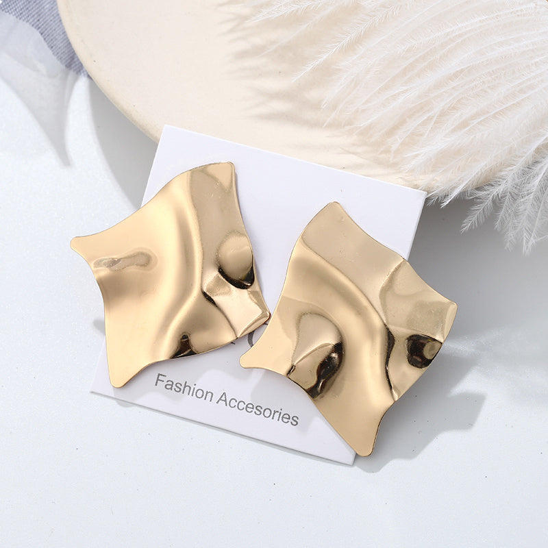 European and American Personality Trend Earrings Metal Texture Folds Exaggerated Geometric Earrings