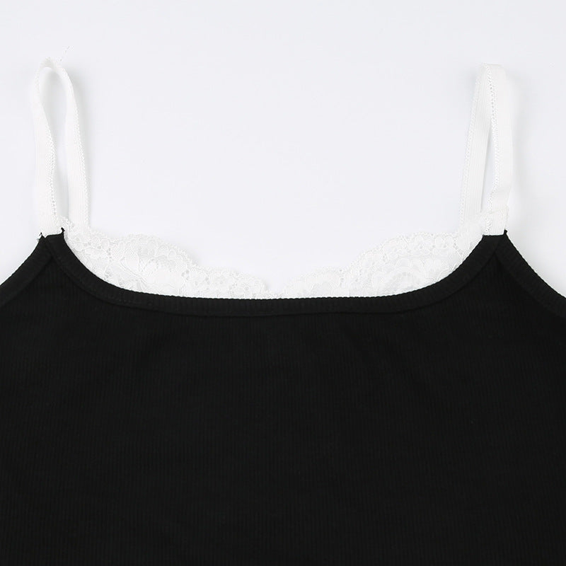 Contrast Color Lace Hot Girl Knitted Fashion Design Sense Bottoming Small Slip Top Women