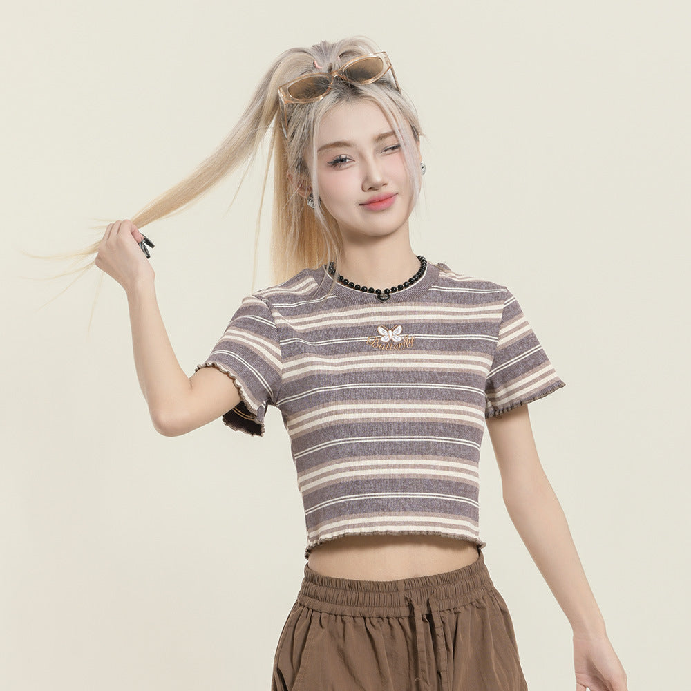 Contrast Color Striped Butterfly Embroidered Short Sleeve