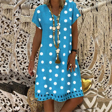 Women's Fashion Polka Dot Short Sleeve V-neck Printed Midi Dress