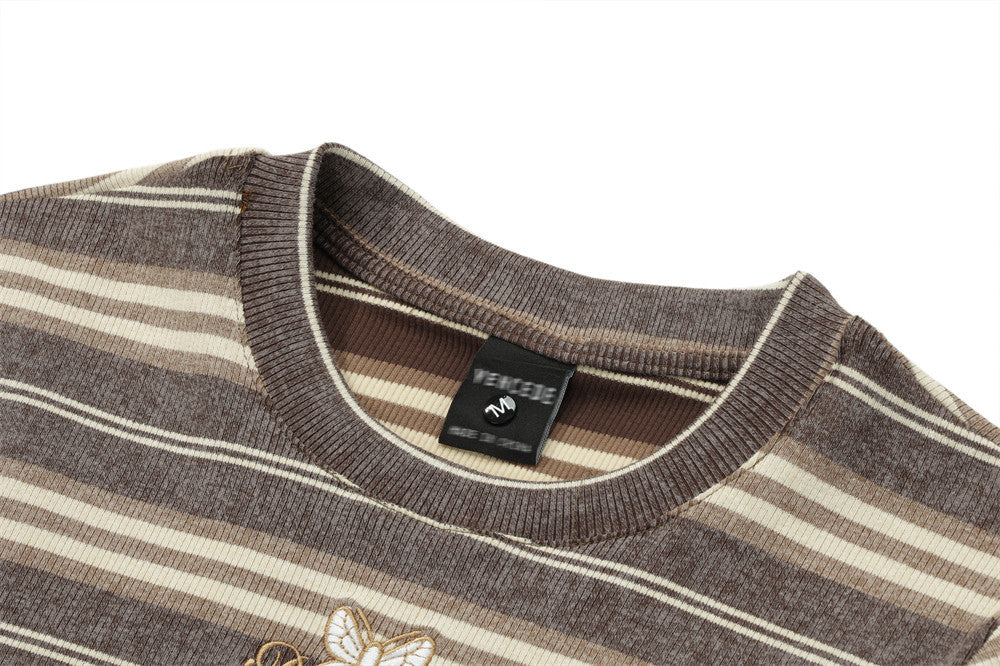 Contrast Color Striped Butterfly Embroidered Short Sleeve
