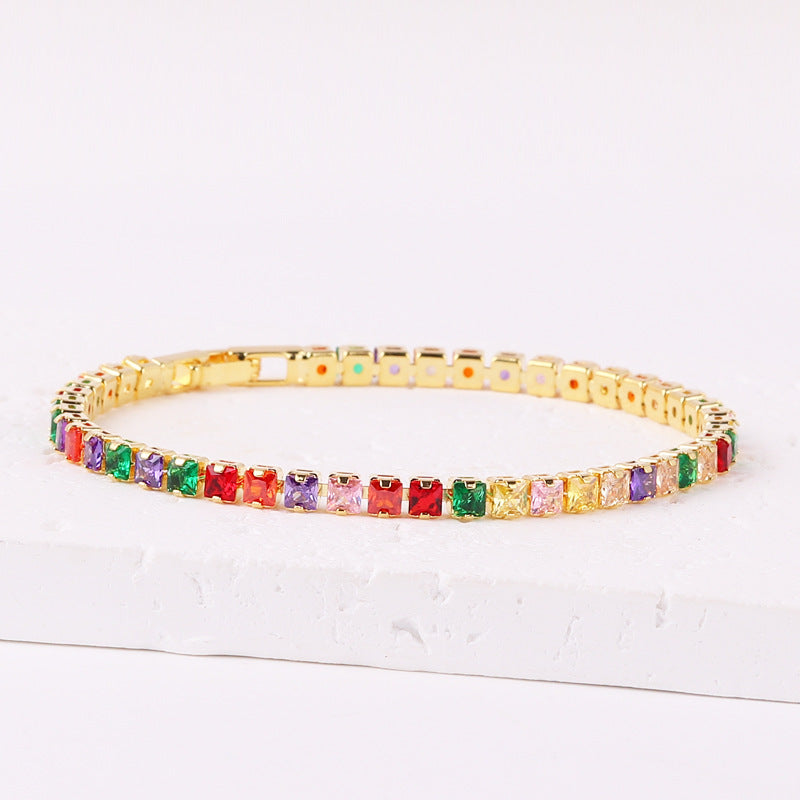 Fashion Personality Square Color Zircon Full Diamond Bracelet 18K Gold Plating