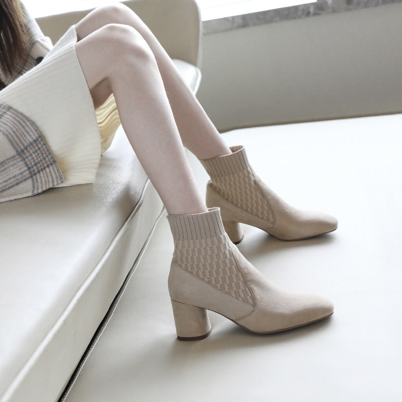 Apricot Stitching Knitted Sock Chunky Heel Ankle Boots