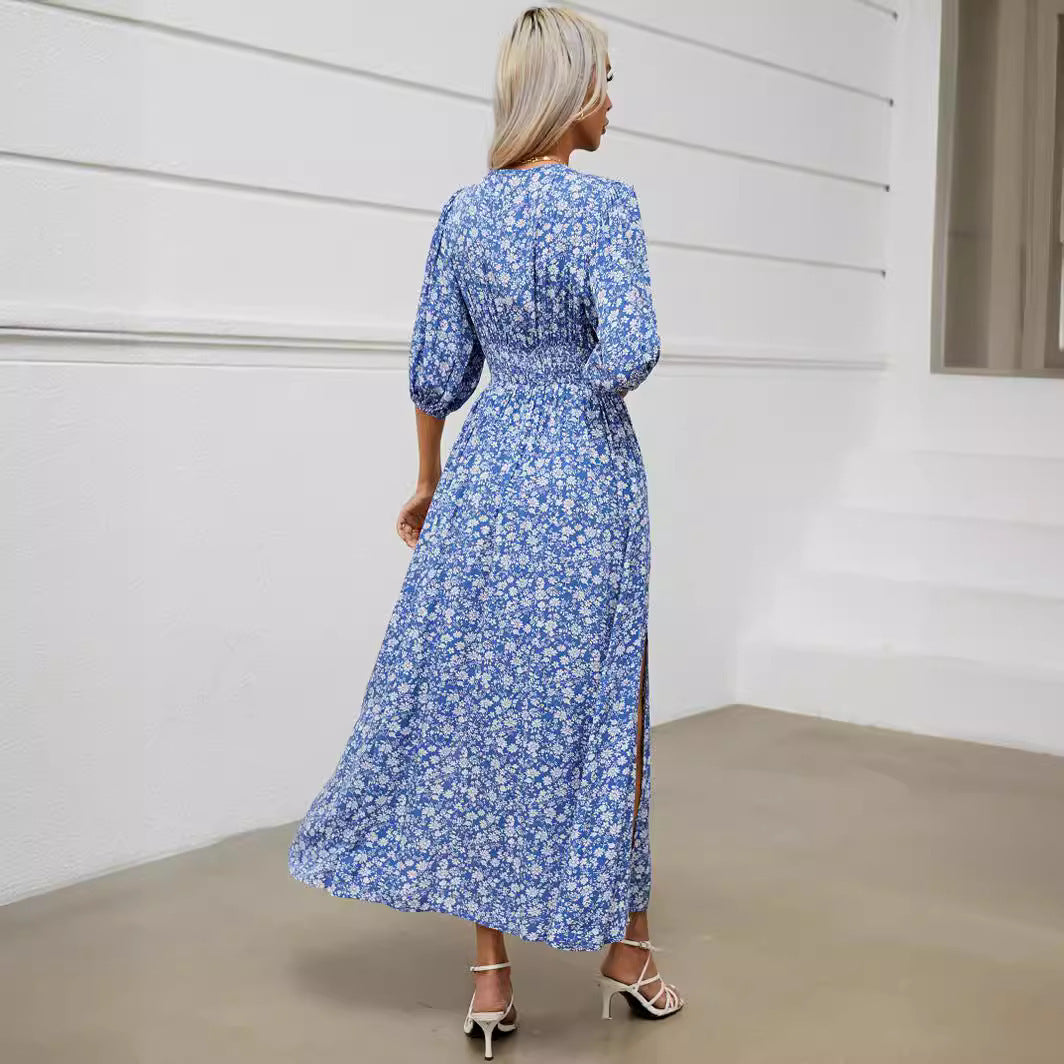 V-neck Lantern Sleeve Waist-tight Dress Seaside Vacation Bohemian Style