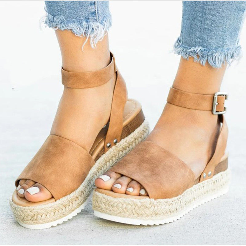 Plus Size Women's Thick Sole Leopard Print Round Toe Belt Buckle Fashion Casual Sandals