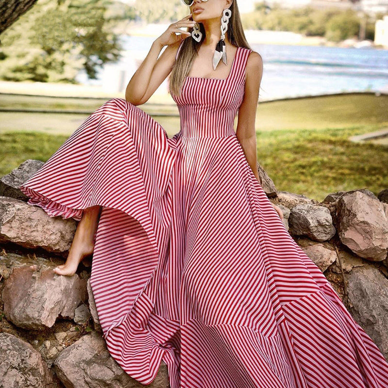Women's Fashion Square Neck Slim Fit Casual Vacation Striped Big Swing Dress