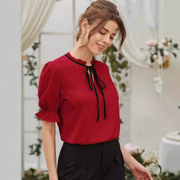 Women's Elegant Solid Trim Tie Long Ruffle Sleeve Shirt