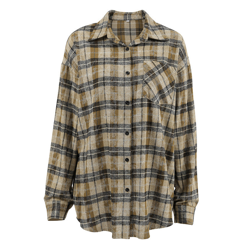 Autumn Waste Soil Style Outer Plaid Shirt Mid-length