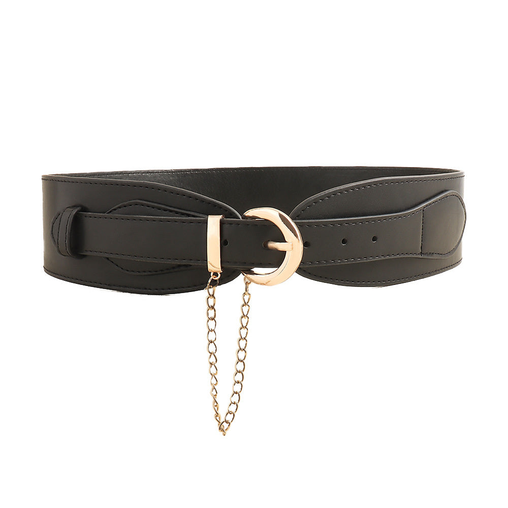Vintage Women's Belt Black High-grade Metal Chain Pin Buckle Dress Shirt Simple Restraint Waist Wide Waist Seal