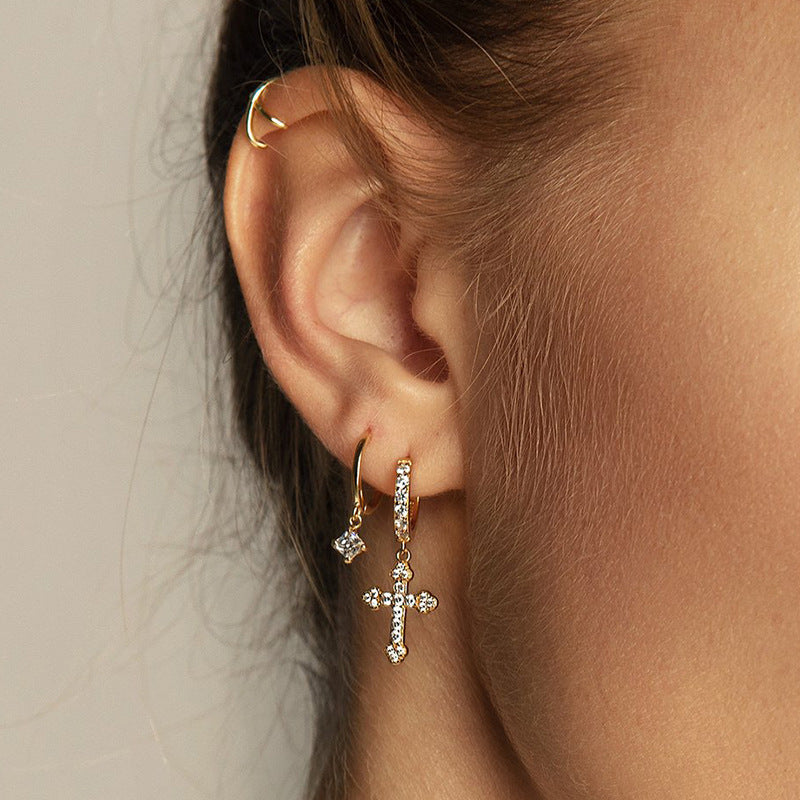 Silver Needle Geometric Cross Ear Clip Diamond-embedded Hipster