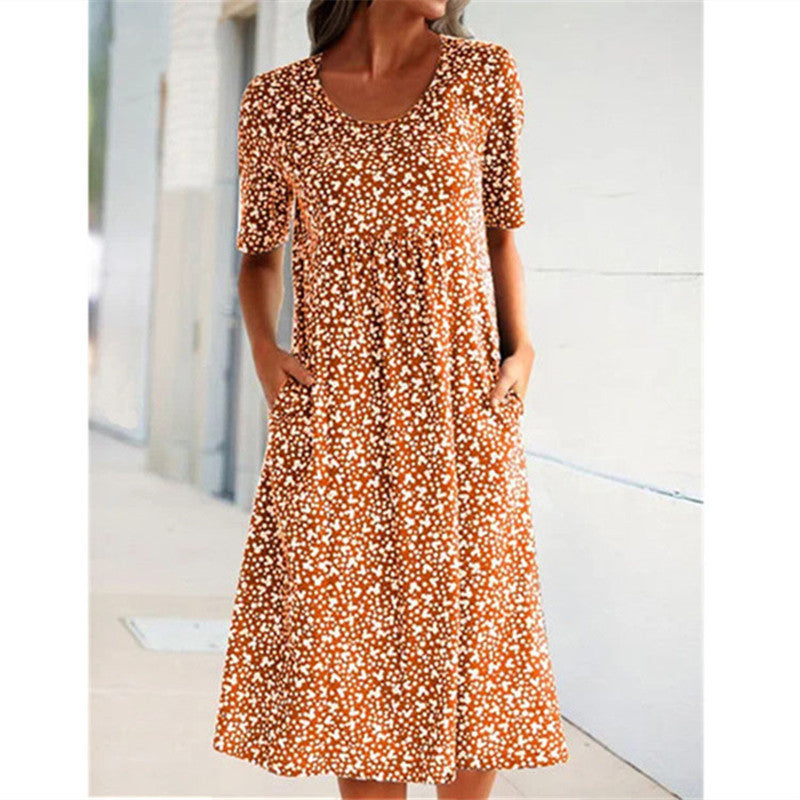 Round Neck Short Sleeve Floral Midi Dress
