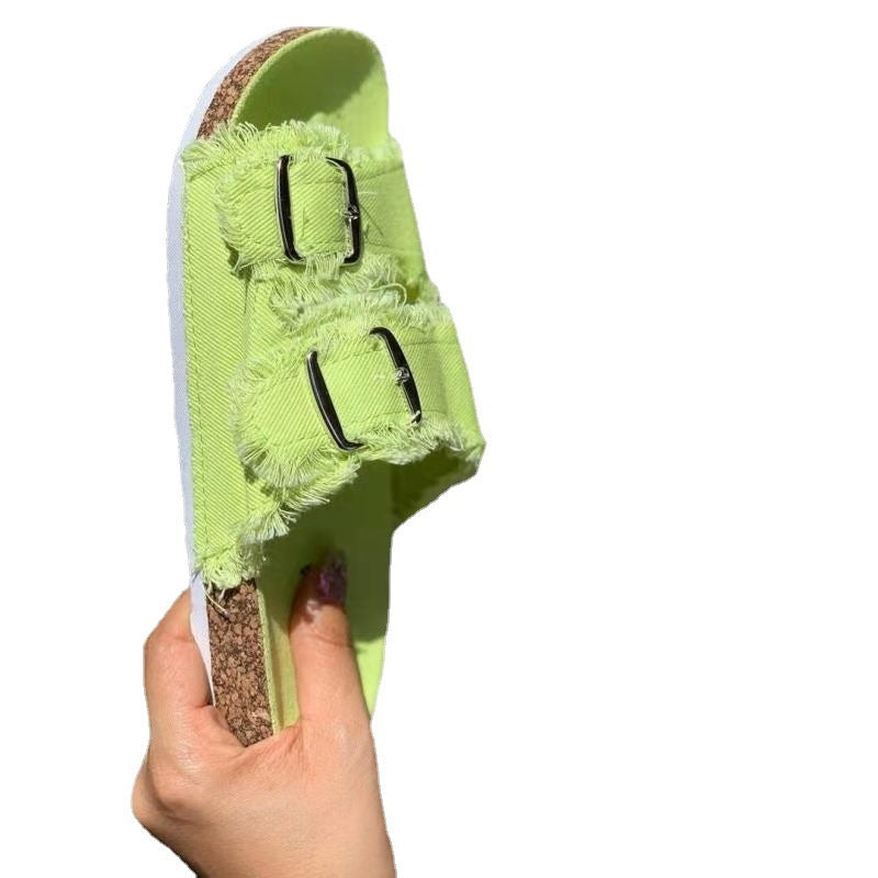 Casual Solid Canvas Buckle Denim Flat Slippers