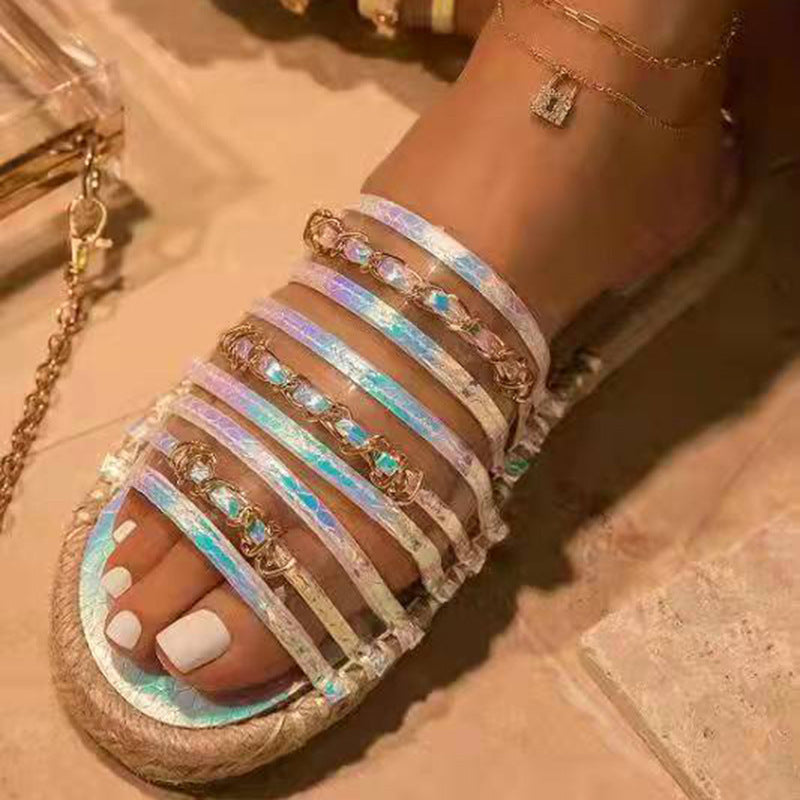 New Hemp Rope Thick Bottom Women's Large Size Straw Sandals With Rhinestones