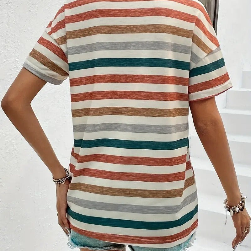 Women's Striped Fashionable Round Neck Short Sleeved T-shirt - Chic Angle